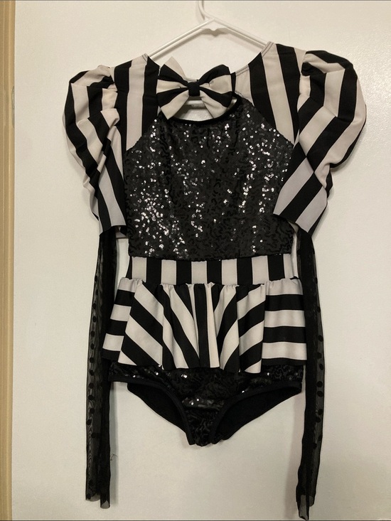 Weissman Tops - Costume dance Black & White Striped Sequin One-Piece with Bow